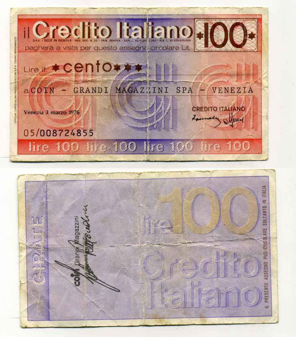 Италия чек на 100 лир 1976 credito Italiano, универмаги SPA венеция, 3 марта 1976 бумага 8588-11-2-1