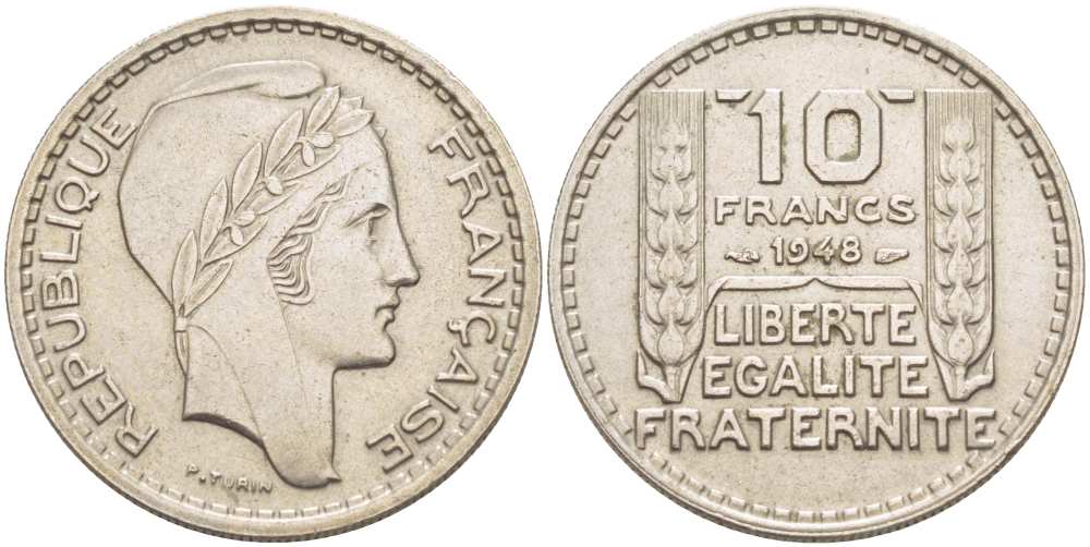 Франция 10 франков 1948 тип Пьер Турин KM 909.1, Le Franc 362.3 медно-никель 210-1127