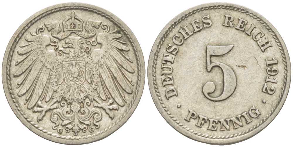 ГЕРМАНИЯ 5 ПФЕННИГОВ 1912 G KM 11, J. 12 медно-никель 105-157