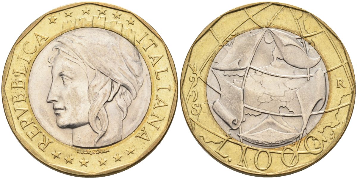 Италия 1000 лир 1998 R, карта европы KM 194 биметалл 4126-111