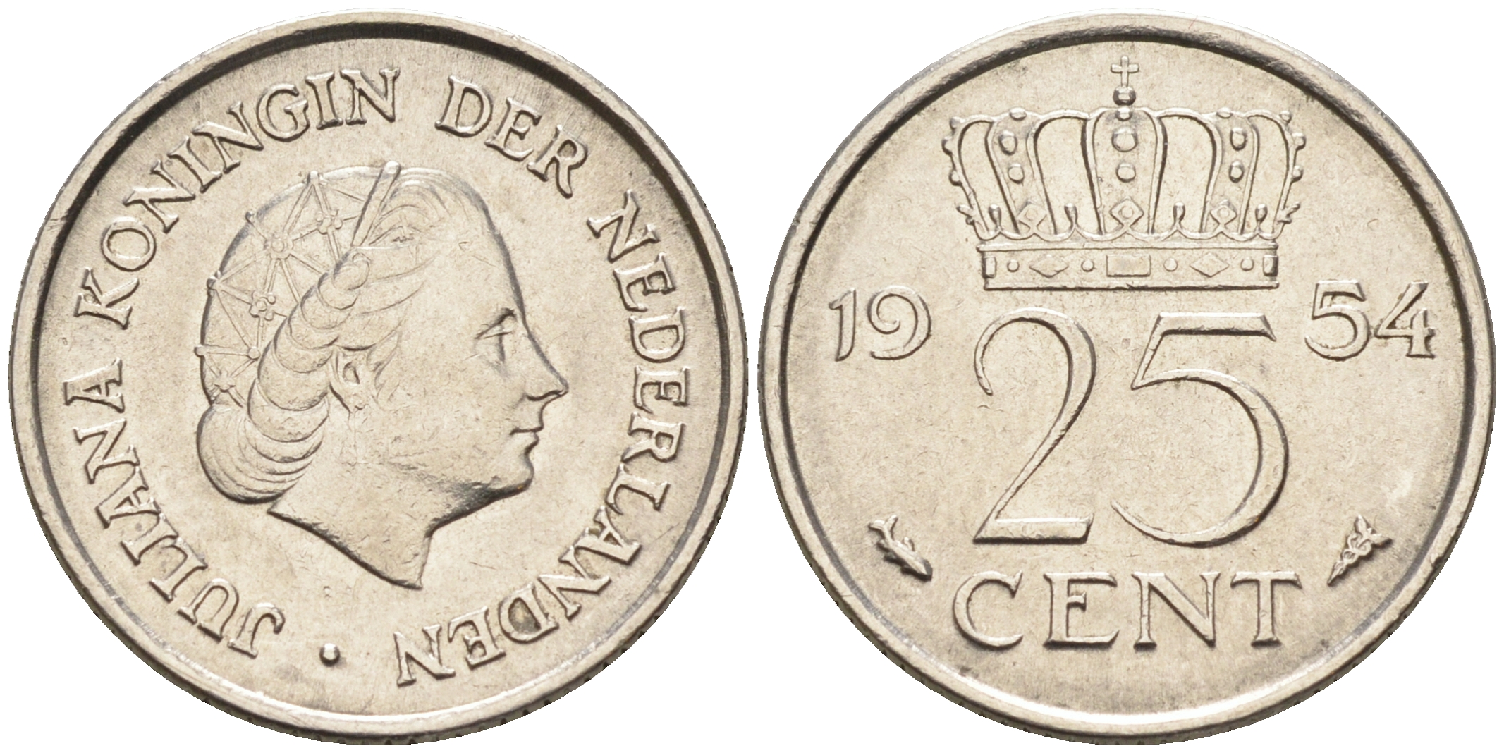 Нидерланды 25 центов 1954 Юлиана (1949-1980) KM 183 никель    4174-642