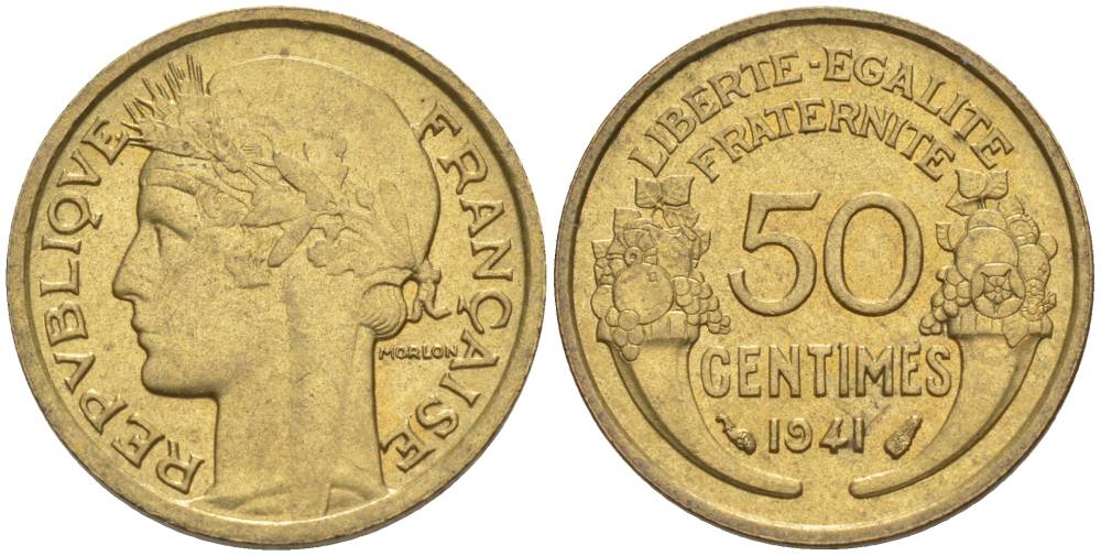 ФРАНЦИЯ 50 САНТИМОВ 1941 ТИП MORLON KM 894.1, LE FRANC 192.18 алюминиевая бронза 44-654