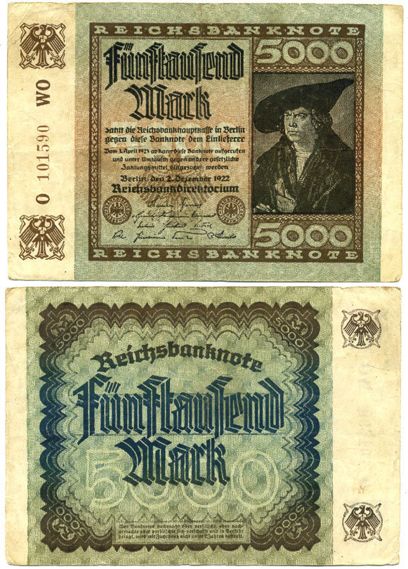 ГЕРМАНИЯ 5000 МАРОК 1922 2 ДЕКАБРЯ 1922, ВОДЯНОЙ ЗНАК Е, В ЗВЁЗДАХ G/D, ДЮРЕР Pick 81а бумага 7147-27-3