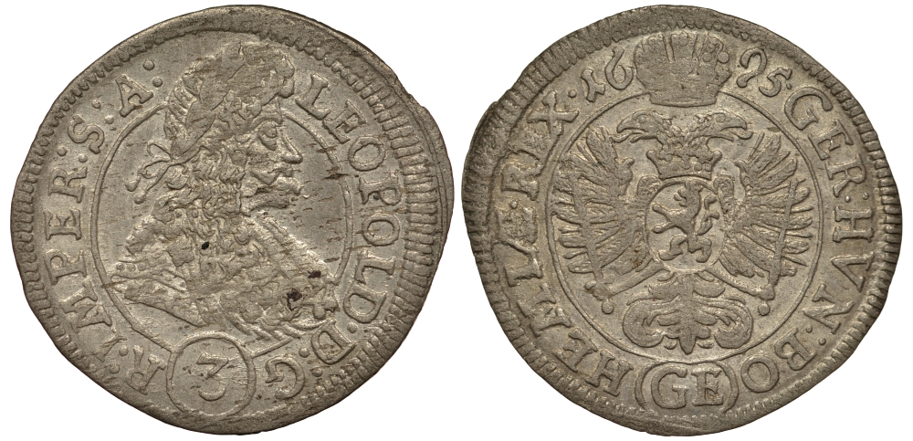 Священная Римская Империя, Австрия 3 крейцера 1695 GE, Леопольд I (1657-1705), монетный двор Прага, Богемия KM 1430, Herinek 1462 v серебро    272-215