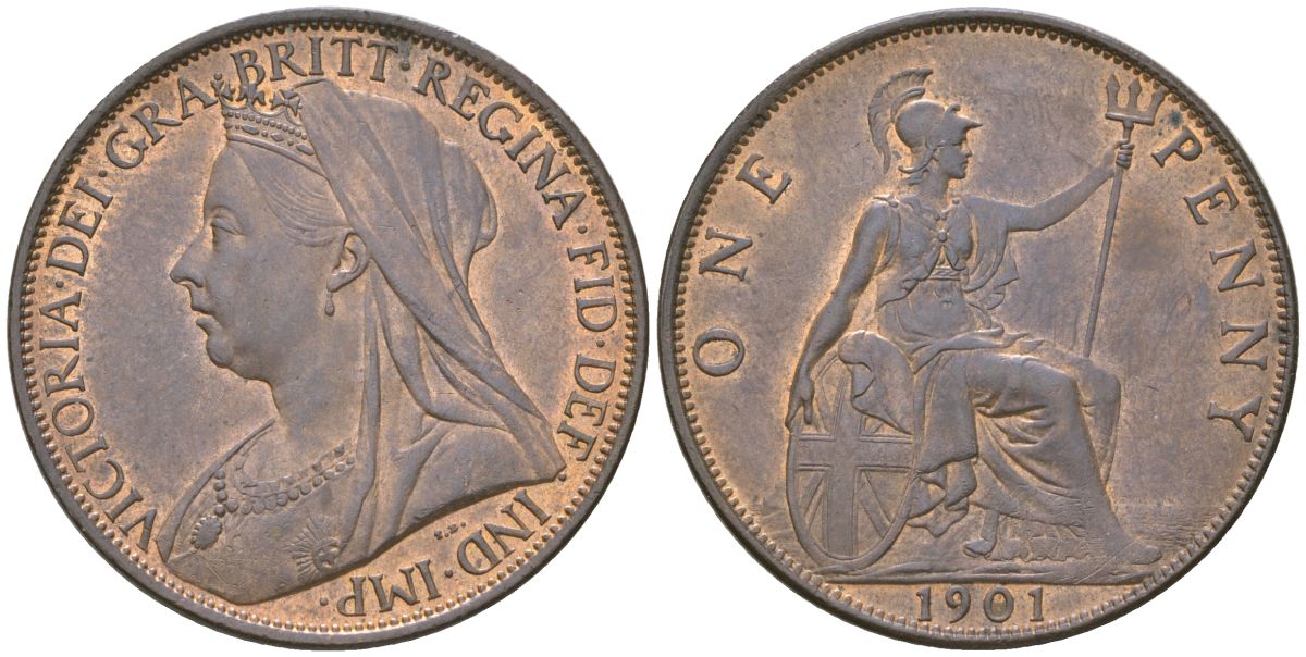 Великобритания 1 пенни 1901 Виктория (1837-1901) KM 790, Spink 3961 бронза  UNC  4590-1044