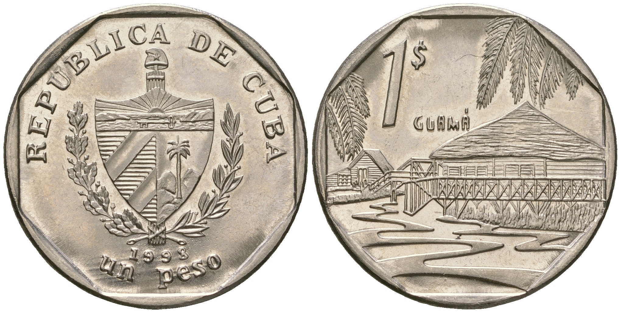 Куба 1 песо 1998 хижины Гуама KM 579, JMA MC23 сталь плакированная никелем  UNC  4448-931