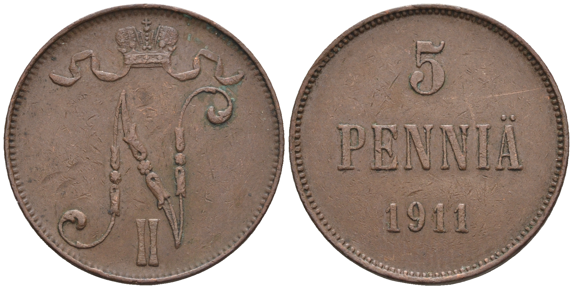 Россия для Финляндии 5 пенни 1911 Николай II (1894-1917) KM 15, Биткин 451 медь 85-322