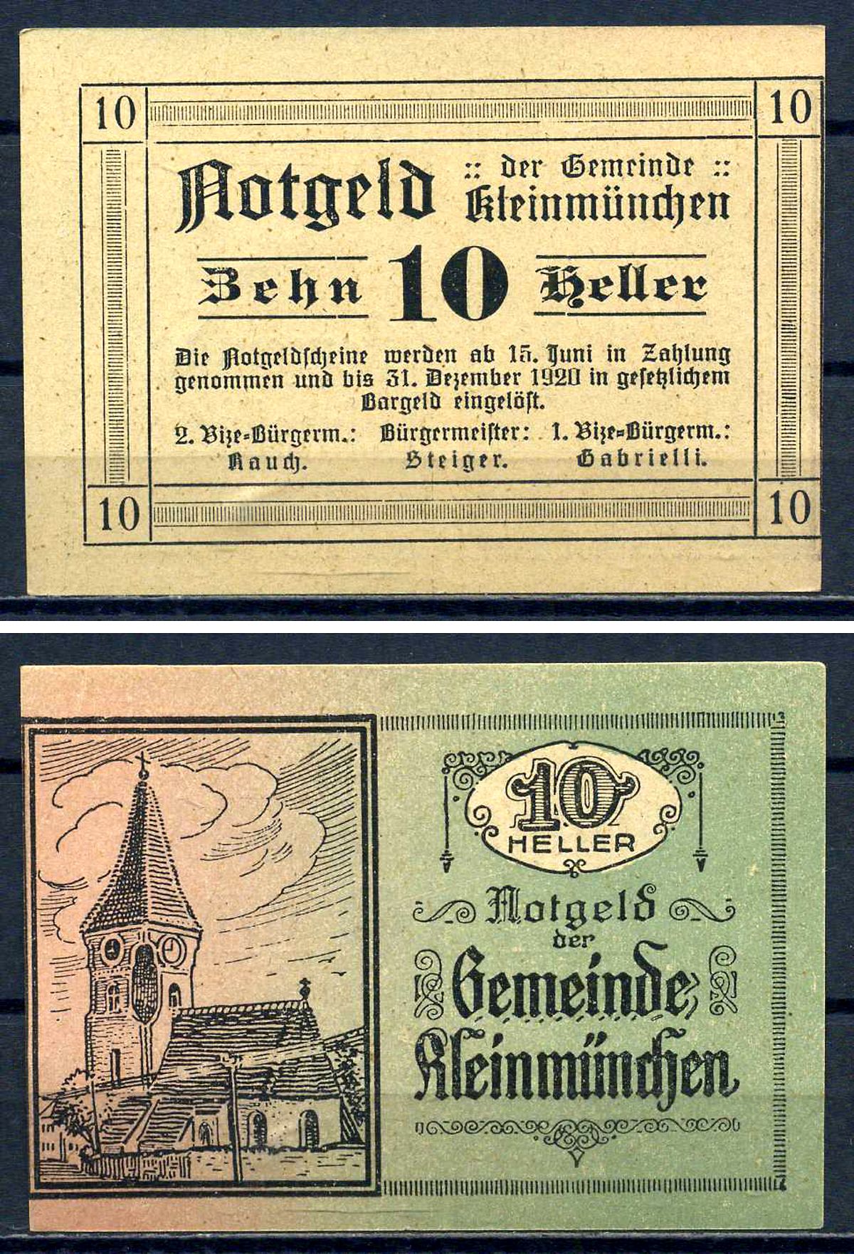 Клайнмюнхен (Австрия) 10 геллеров 1920 Jaksc/Pick?JPR0456a-10 бумага aUNC 7556-34-1-1