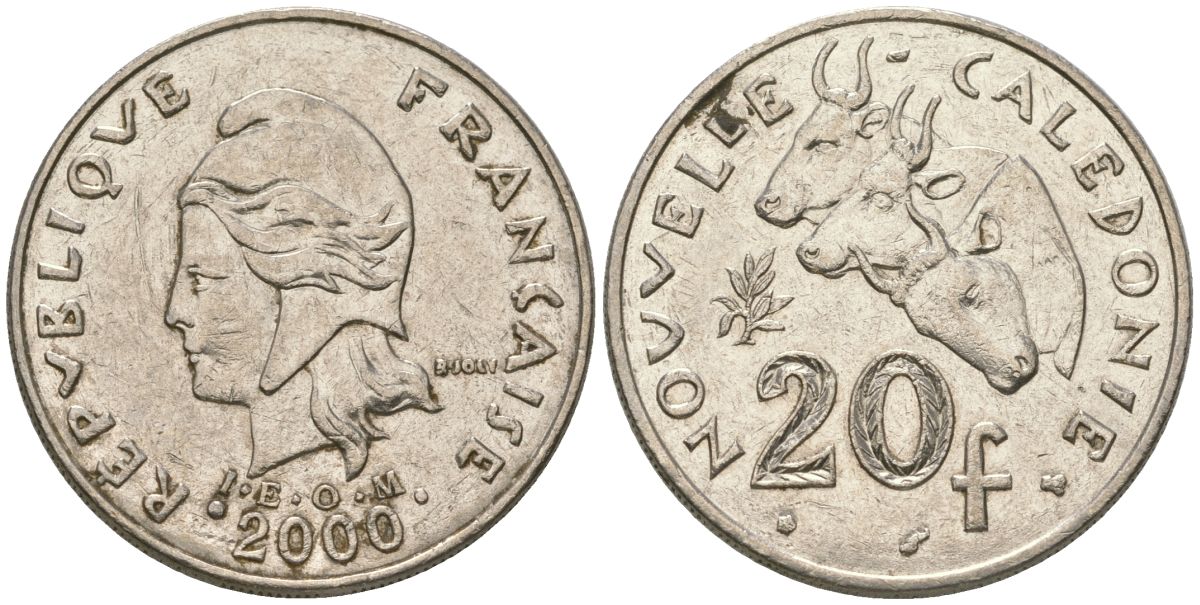 Французская Новая Каледония 20 франков 2000 три быка, (IEOM) KM 12, Schoen 14, Lec 115d никель 4131-444