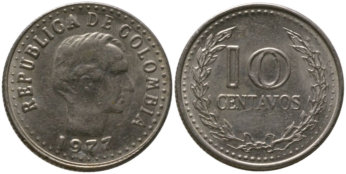 Колумбия 10 сентаво 1977 KM 253 сталь плакированная никелем 4528-768