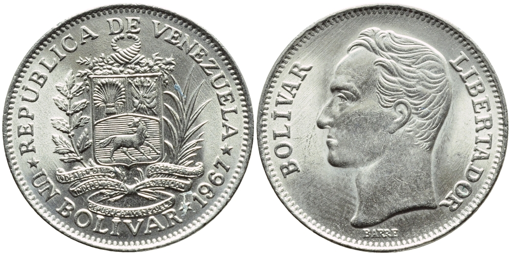 Венесуэла 1 боливар 1967 Симон Боливар KM 42 никель 51-626