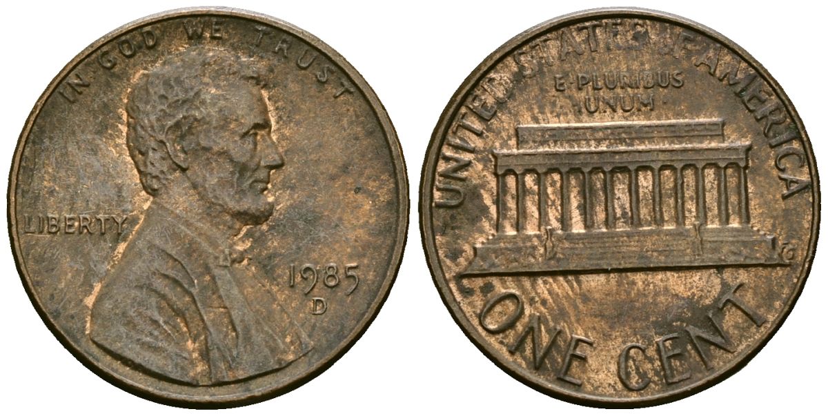 США 1 цент 1985 D, Линкольн KM 201b цинк плакированный медью 4136-256