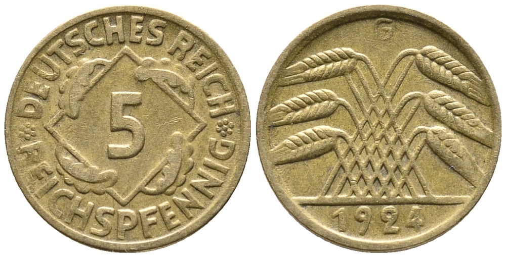 ГЕРМАНИЯ 5 РЕЙХСПФЕННИГОВ 1924 G KM 39, J. 316 алюминиевая бронза 39-535