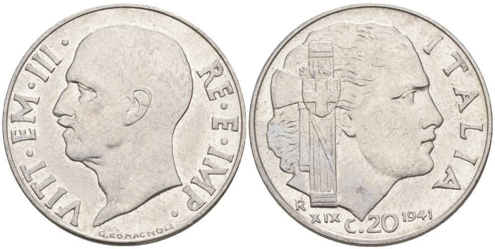 ИТАЛИЯ 20 ЧЕНТЕЗИМО 1941 R, ГОД XIX, ВИКТОР ЭММАНУИЛ III (1900-1946) KM 75b, VEM3. 1028 нержавеющая сталь 3853-1135