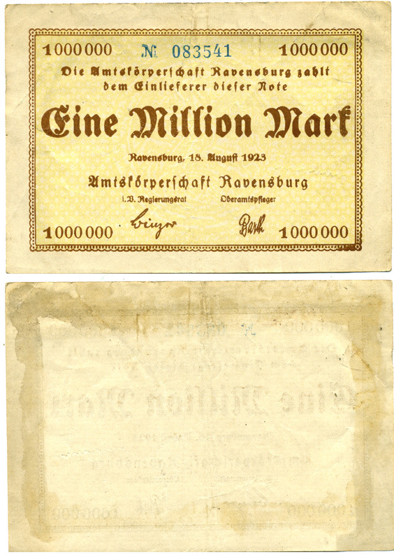 Германия, Равенсбург 1000000 марок 1918 нотгельд, земля Баден-Вюртемберг, 18 августа 1923 Keller 4454а бумага 3295-90-2