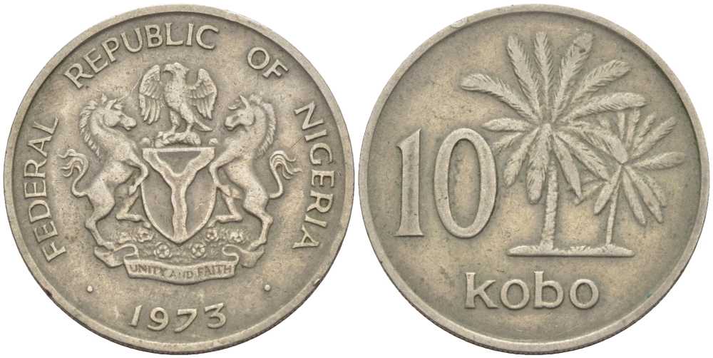 Нигерия 10 кобо 1973 пальмы KM 10.1 медно-никель 60-1257