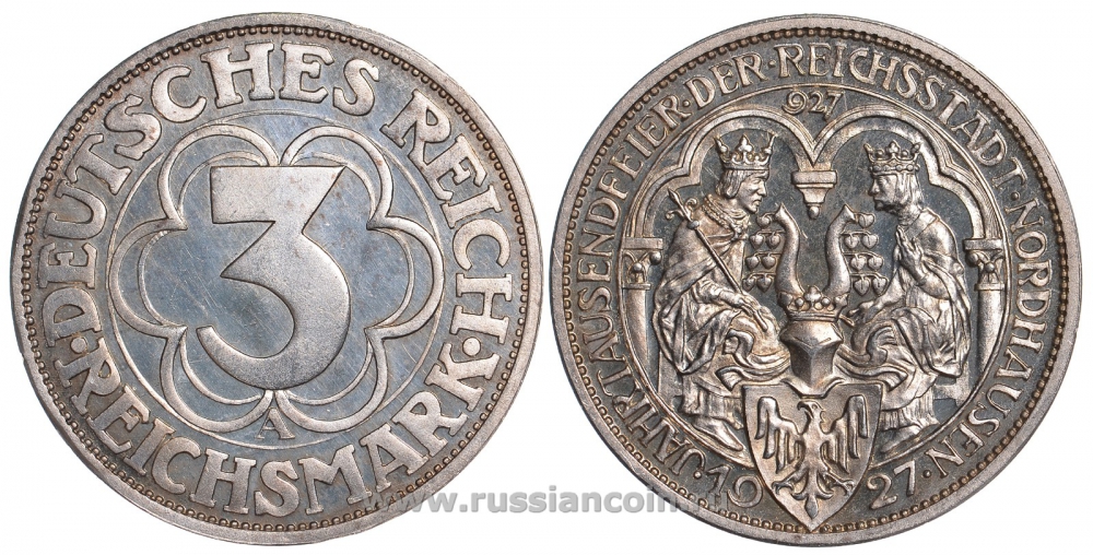 Германия 3 марки 1927 A, 1000 летие основания Нордхаузена J. 327, KM 52 серебро PROOF 00-00
