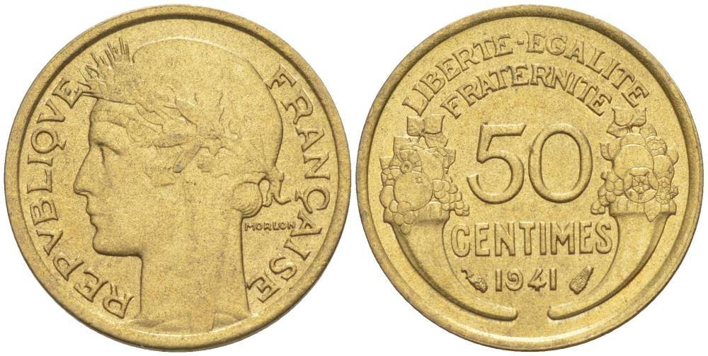 ФРАНЦИЯ 50 САНТИМОВ 1941 ТИП MORLON KM 894.1, LE FRANC 192.18 алюминиевая бронза 44-543