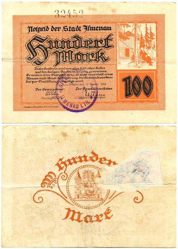 ИЛЬМЕНАУ 100 МАРОК 1922 НОТГЕЛЬД, 13 ОКТЯБРЯ 1922, ЗЕМЛЯ ТЮРИНГИЯ бумага 7146-20-2-2