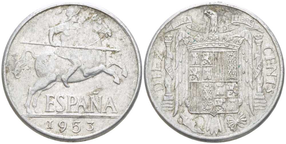 ИСПАНИЯ 10 СЕНТИМО 1953 РЫЦАРЬ НА КОНЕ KM 766 алюминий 213-117