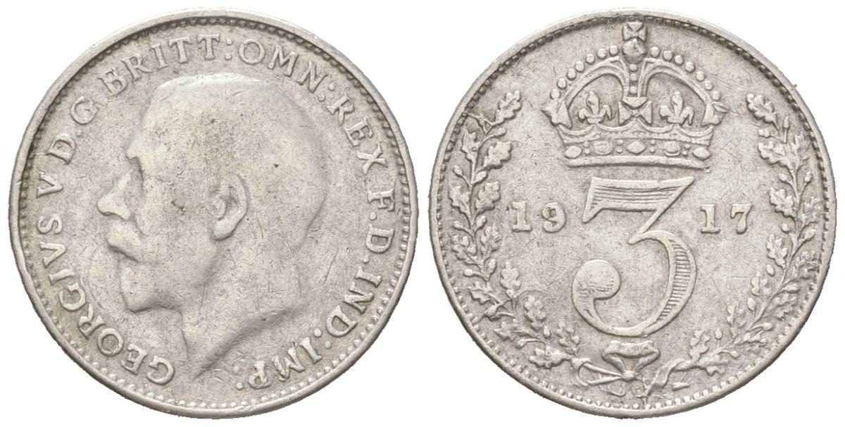 Великобритания 3 пенса 1917 Георг V (1910-1936) KM 813, Spink 4015 серебро 4611-1139