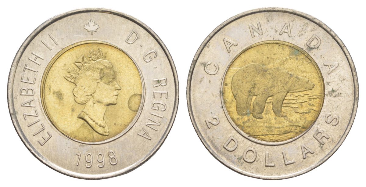 Канада 2 доллара 1998 Елизавета II (1952-2022), полярный медведь, редкий год KM 270 биметалл aUNC 4631-834