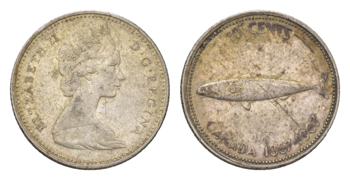 Канада 10 центов 1967 рыба, 100 лет Конфедерации Канада, Ссеребро 0.800, вес 2,3 гр, диаметр 18,3 мм KM 67 серебро 4623-957