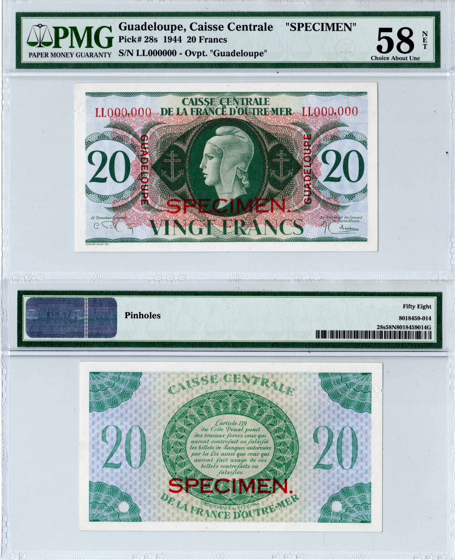 Гваделупа 20 франков 1944 SPECIMEN - образец в слабе PMG 58 (choice about Unc).Голова победы Pick 28 s   бумага  aUNC 452-3-29