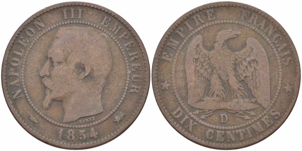 ФРАНЦИЯ 10 САНТИМОВ 1854 D, НАПОЛЕОН III (1852-1870) KM 771.4, LE FRANC 133.14 бронза 38-943