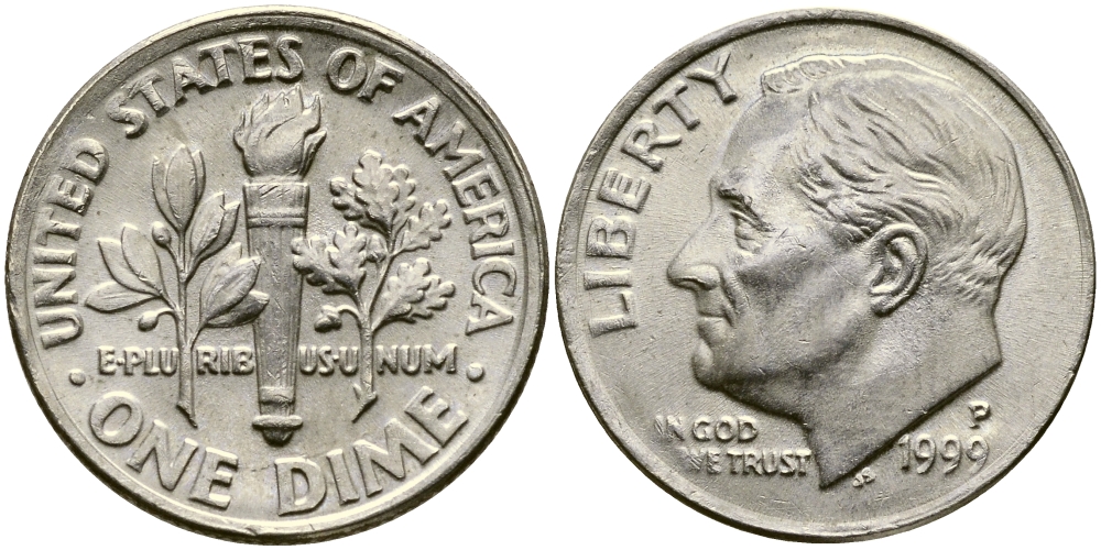 США 10 ЦЕНТОВ = 1 ДАЙМ 1999 P, РУЗВЕЛЬТ KM 195а медь плакированная медно-никелем 46-1029