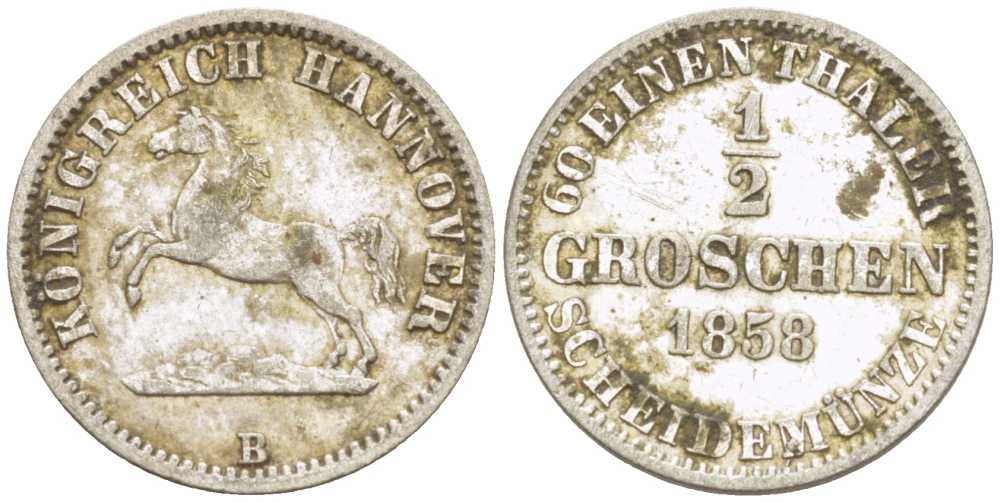ГАННОВЕР 1/2 ГРОША 1858 В, ГЕОРГ V (1851-1866) KM 235, Jaeger 92, AKS 151 серебро 206-324