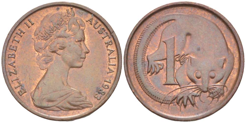 АВСТРАЛИЯ 1 ЦЕНТ 1983 ЕЛИЗАВЕТА II (1952-) МОЛОДОЙ ПОРТРЕТ, ОПОССУМ KM 62 бронза 4516-642
