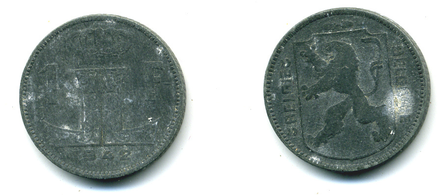 БЕЛЬГИЯ 1 ФРАНК 1942 BELGIE-BELGIQUE, ГЕРМАНСКАЯ ОККУПАЦИЯ, ВТОРАЯ МИРОВАЯ ВОЙНА KM 128 цинк 86-1035