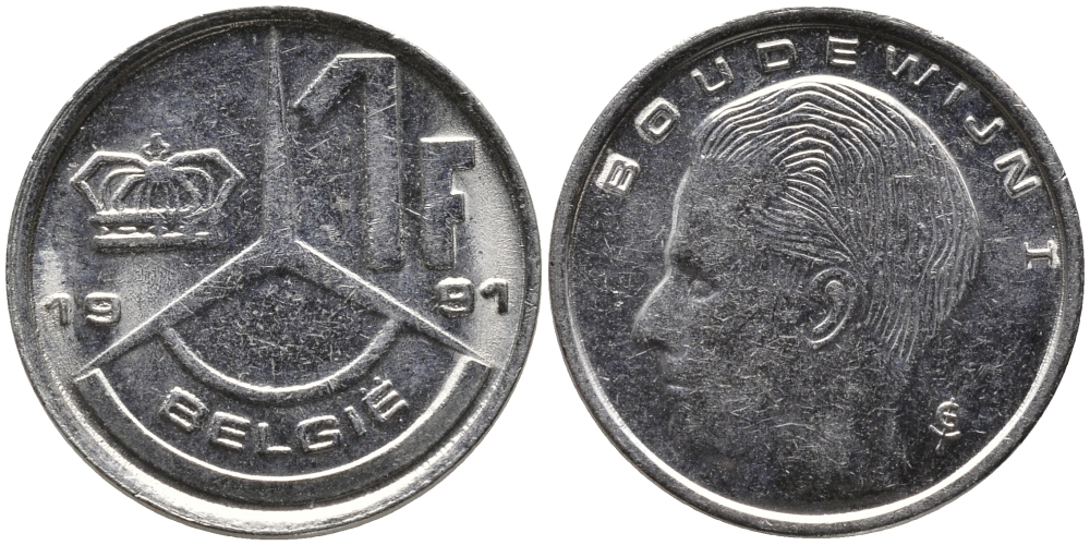 БЕЛЬГИЯ 1 ФРАНК 1991 BELGIE KM 171 сталь плакированная никелем 99-1243