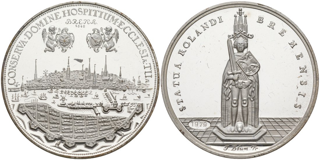 Германия медаль 1979 реплика, Бремен шаугульден 1648 года, курфюрст Карл Теодор, проба 835, вес 14,3 гр., диаметр 36 мм., в оригинальной коробке, с сертификатом, эмитент BFG ( банк общей экономики) серебро PROOF 3-4-3-32
