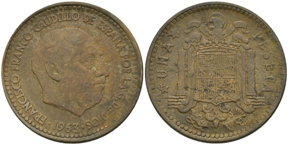 Испания 1 песета 1963 (63) Франсиско Франко (1939-1975) KM 775 алюминиевая бронза 4579-151