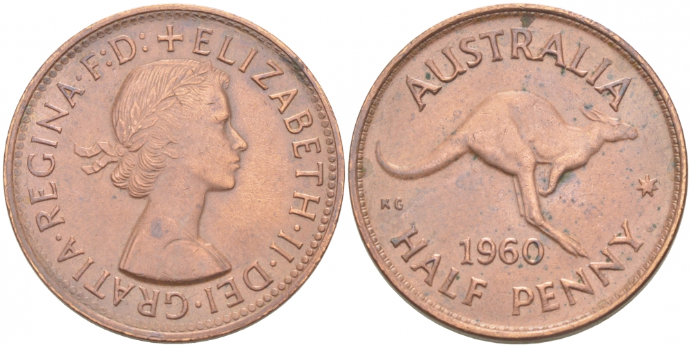 Австралия 1/2 пенни 1960 p, Елизавета II (1953- ), кенгуру KM 61 бронза 77-647