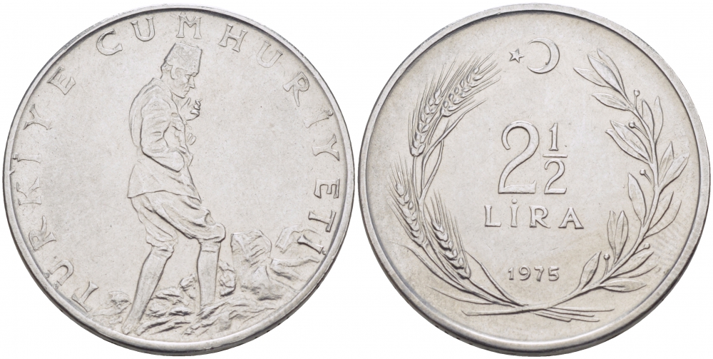 ТУРЦИЯ 2 1/2 ЛИРЫ 1975 KM 893.2 сталь 215-234