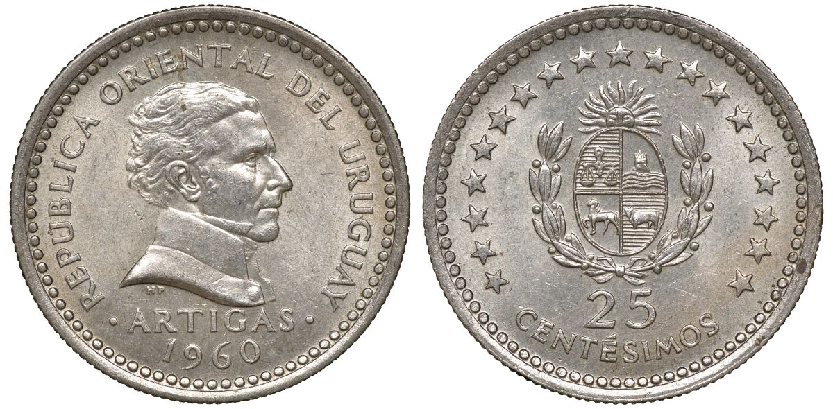 Уругвай 25 сентесимо 1960 KM 40 медно-никель 4169-765