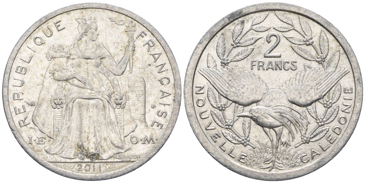 Французская Новая Каледония 2 франка 2011 птица кагу, (IEOM) KM 14, Schoen 11 алюминий    29-555