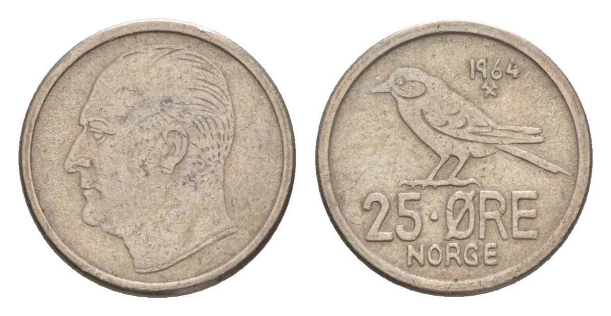 Норвегия 25 эре 1964 Улаф V (1957-1991) KM 407 медно-никель 4632-1238
