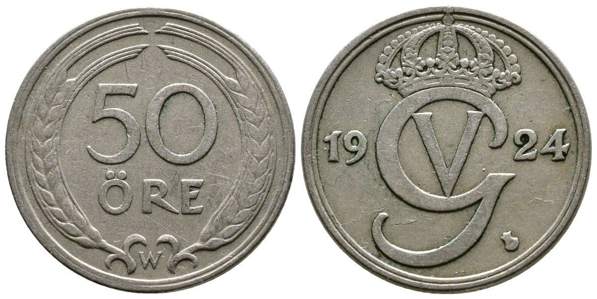 Швеция 50 эре 1924 W, Густав V (1907-1950) KM 796 никель бронза 76-823