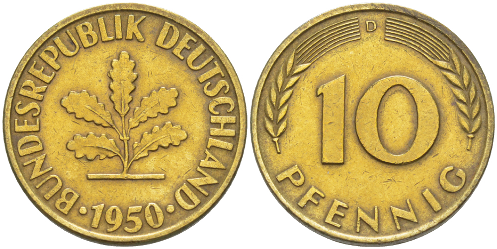 ФРГ 10 ПФЕННИГОВ 1950 D KM 108, J. 383 сталь плакированная латунью 4182-745