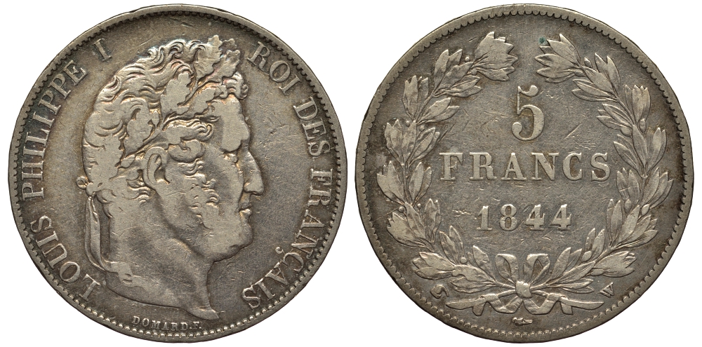 Франция 5 франков 1844 W, Луи Филипп I (1830-1848) KM 749.13 серебро 413-3343