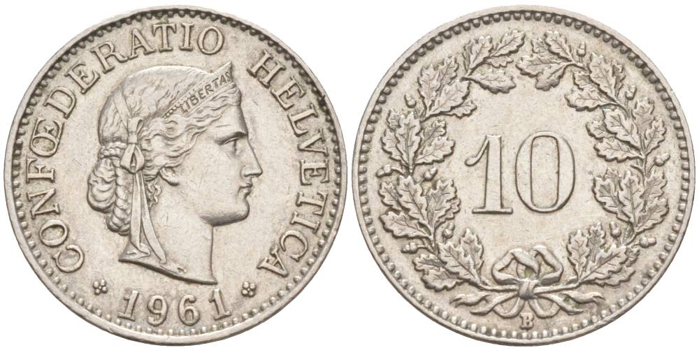 ШВЕЙЦАРИЯ 10 РАППЕНОВ 1961 В KM 27 медно-никель 55-324