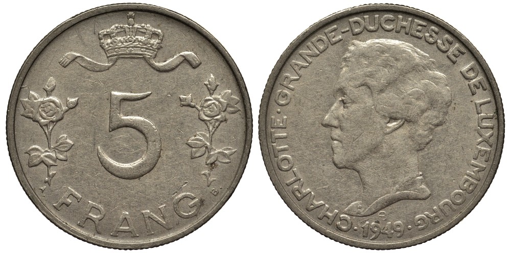 Люксембург 5 франков 1949 Великая герцогиня Шарлотта (1919-1964) KM 50 медно-никель 4536-521