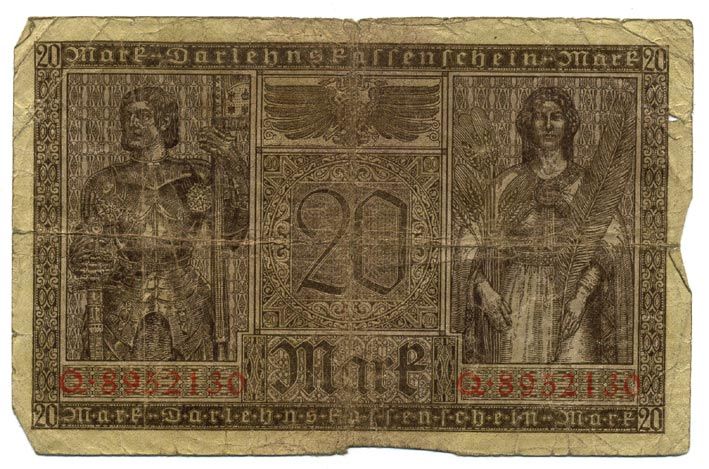 Германия 20 марок 1918 20 февраля 1918, серия Q, красная, Минерва и Меркурий Pick 57, Rosenberg 55 бумага 7217-78-3-2