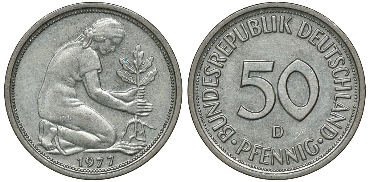 ФРГ 50 ПФЕННИГОВ 1977 D J 384a, KM 109.2 медно-никель aUNC 72-1065
