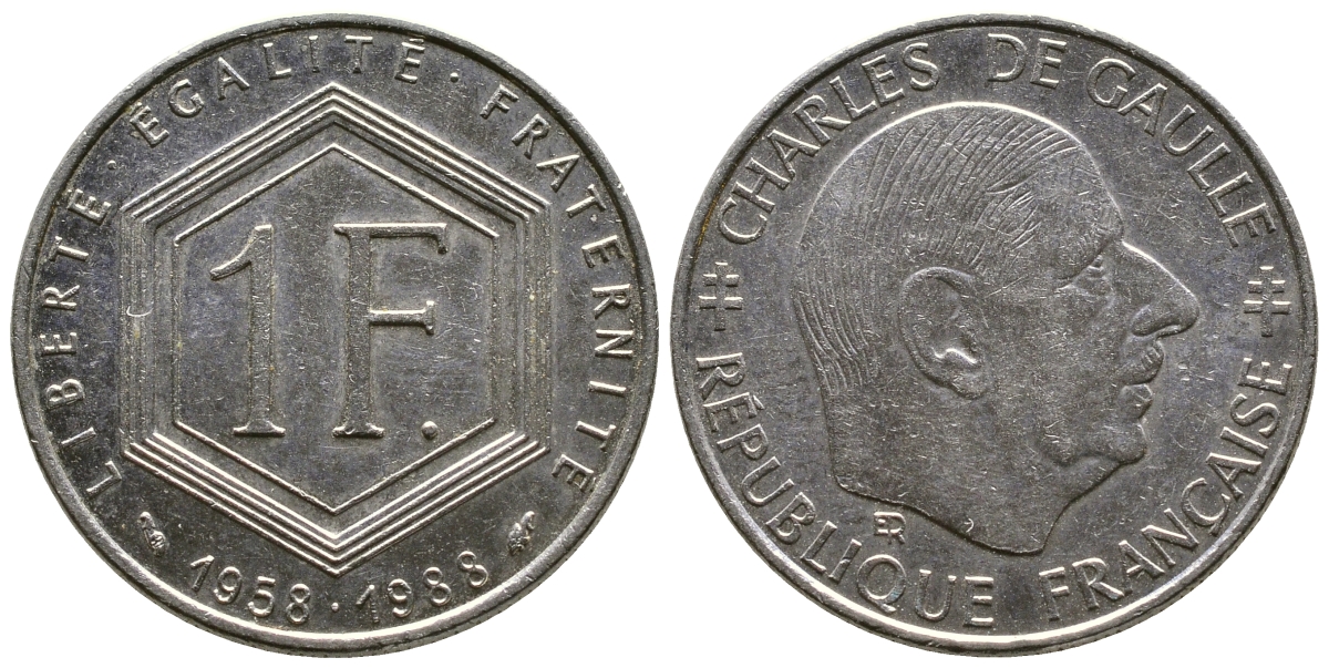 ФРАНЦИЯ 1 ФРАНК 1988 ШАРЛЬ ДЕ ГОЛЛЬ, 30 ЛЕТ РЕСПУБЛИКЕ KM 963 никель 51-4511