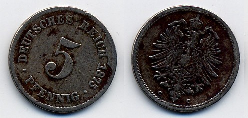 Германия 5 пфеннигов 1875 C, старогербовка KM 3, Jager 3, Weege 5 медно-никель 46-248